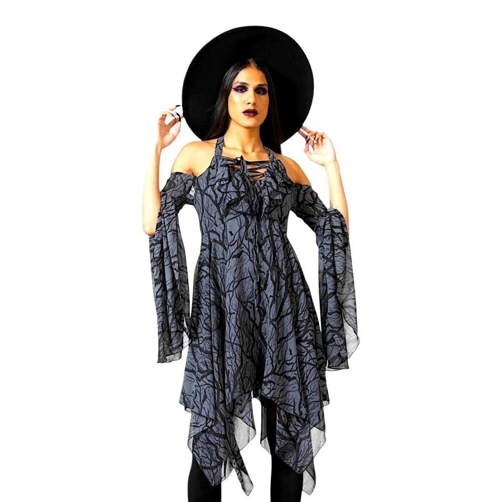 Killstar Gray Black Bat Print Goth Halter Bell Sleeve Hanky Hem Dress L